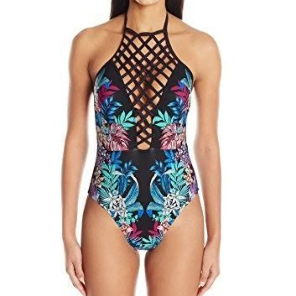 Kenneth Cole Lattice Front One Piece Swimsuit Tropical Floral Small